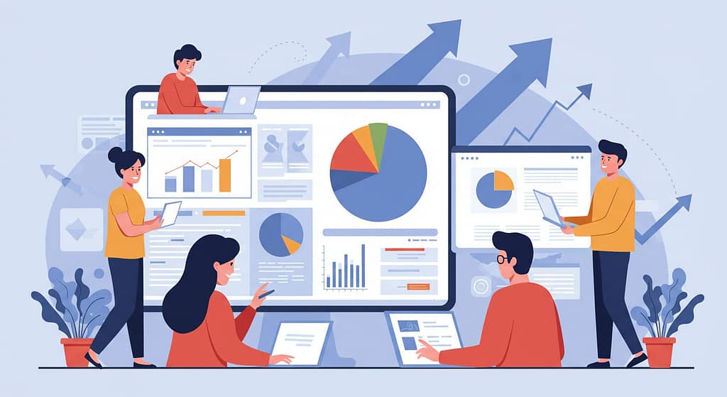 Team collaborating around a shared digital web portal with dashboards and growth charts.