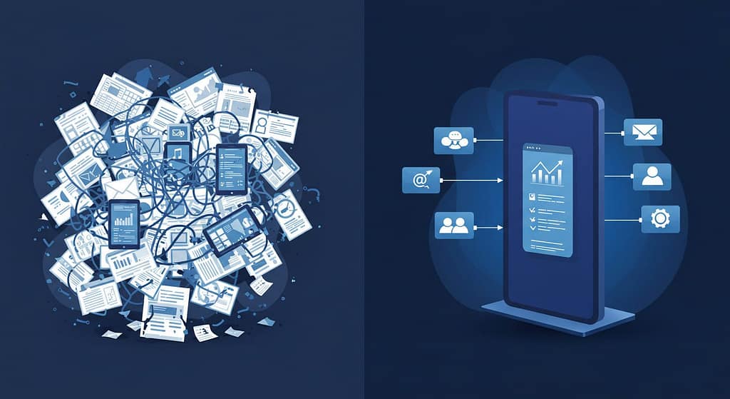 Comparison of a messy, disconnected workflow with spreadsheets and emails versus a streamlined process inside a single web portal.