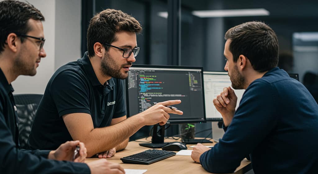 Client and software developer discussing a project directly on laptops