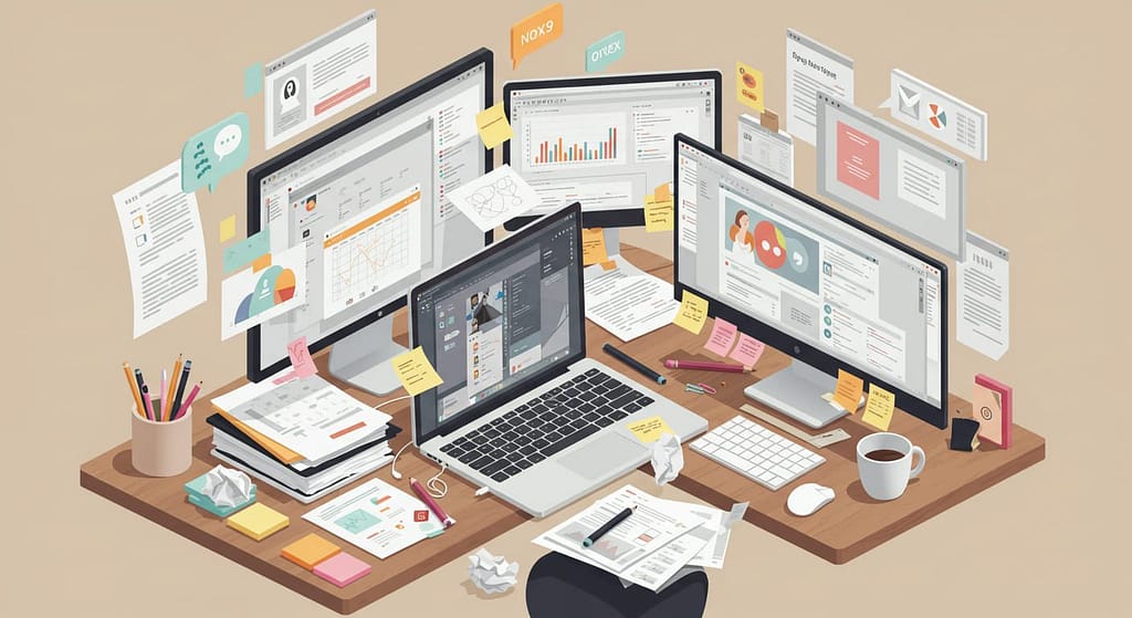 Cluttered desk with multiple apps, emails, spreadsheets, and files open, illustrating fragmented workflows.