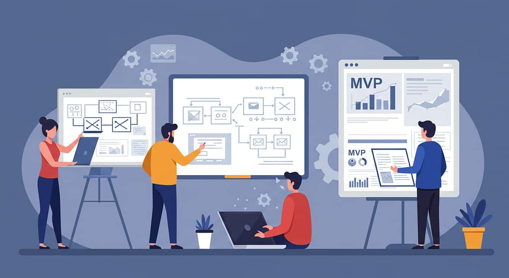 Startup team testing an MVP on laptops while analyzing user feedback data.