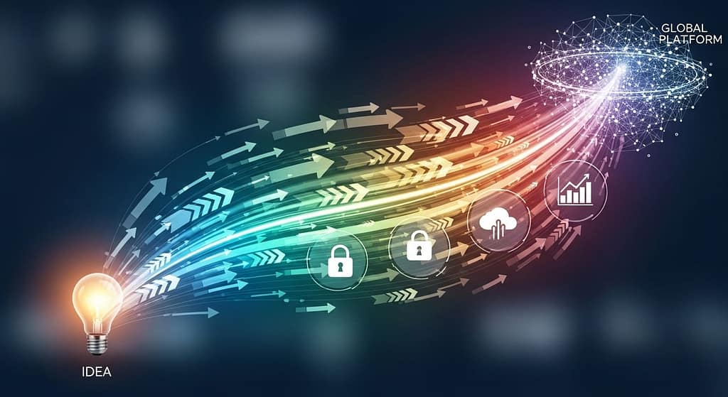 Conceptual illustration of a SaaS platform evolving from MVP to global scale, emphasizing speed, efficiency, and security.