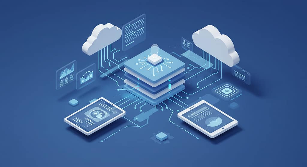 Cloud-based SaaS architecture illustrating data flow, scalability, and secure connections.