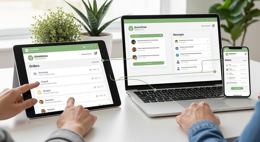 Customer interacting with a business portal on laptop and smartphone