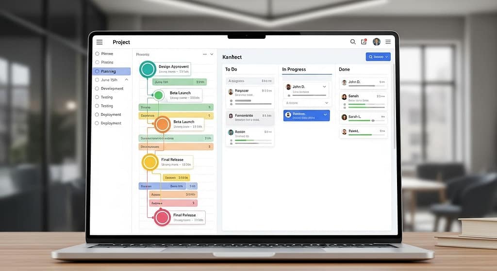 Software project timeline with tasks and milestones on a planning board