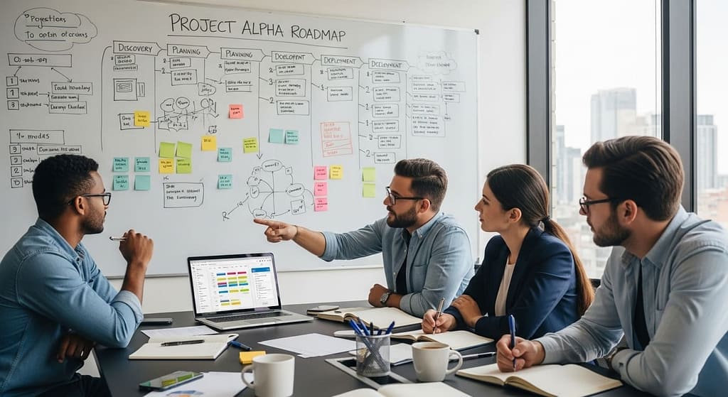 Small business team planning a software project with a roadmap on a whiteboard