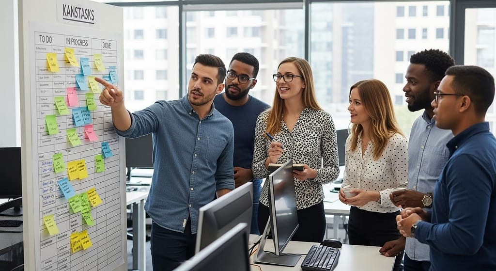 Software development team reviewing tasks during an agile stand-up meeting