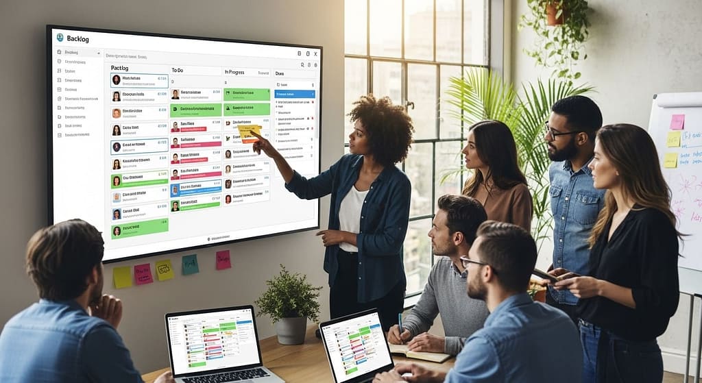 Team using a digital Kanban board to plan software development tasks.