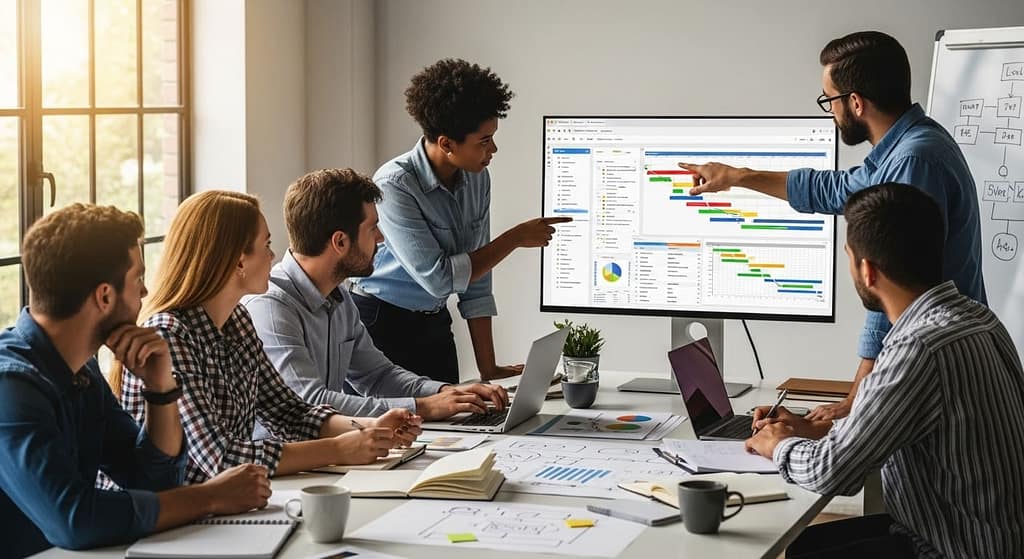 Software development team discussing project tasks in an office.