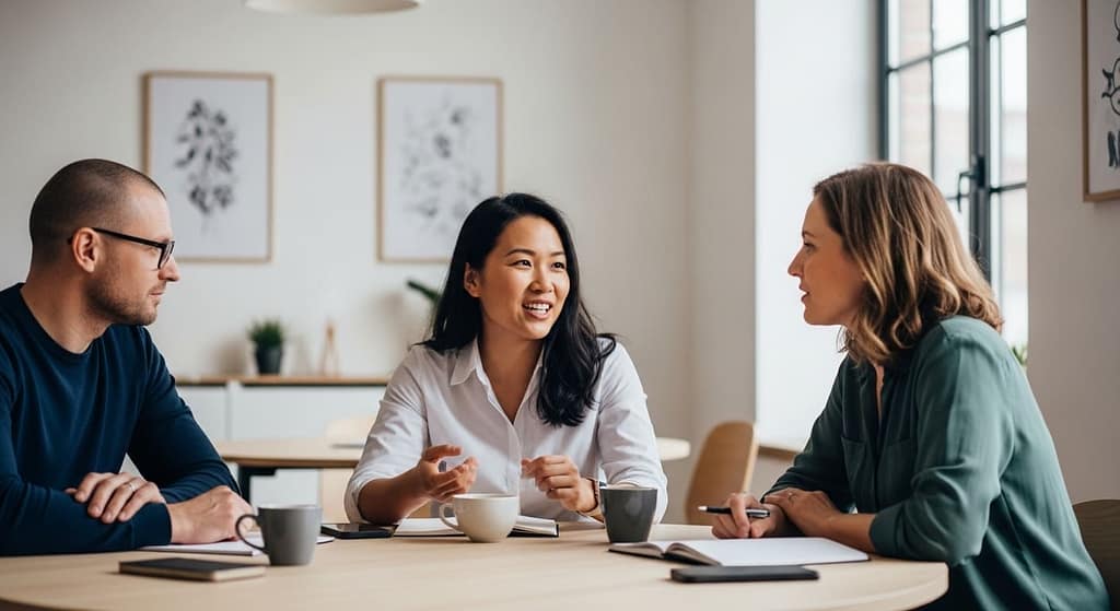Small startup team discussing growth strategy together in modern workspace