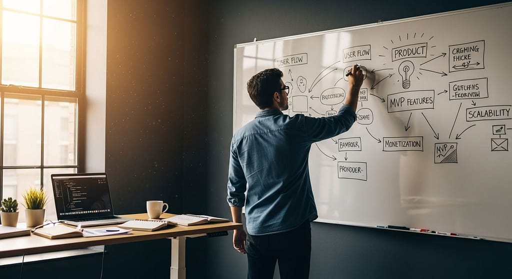 A solo founder intensely sketching ideas on a large whiteboard in a bright, airy workspace