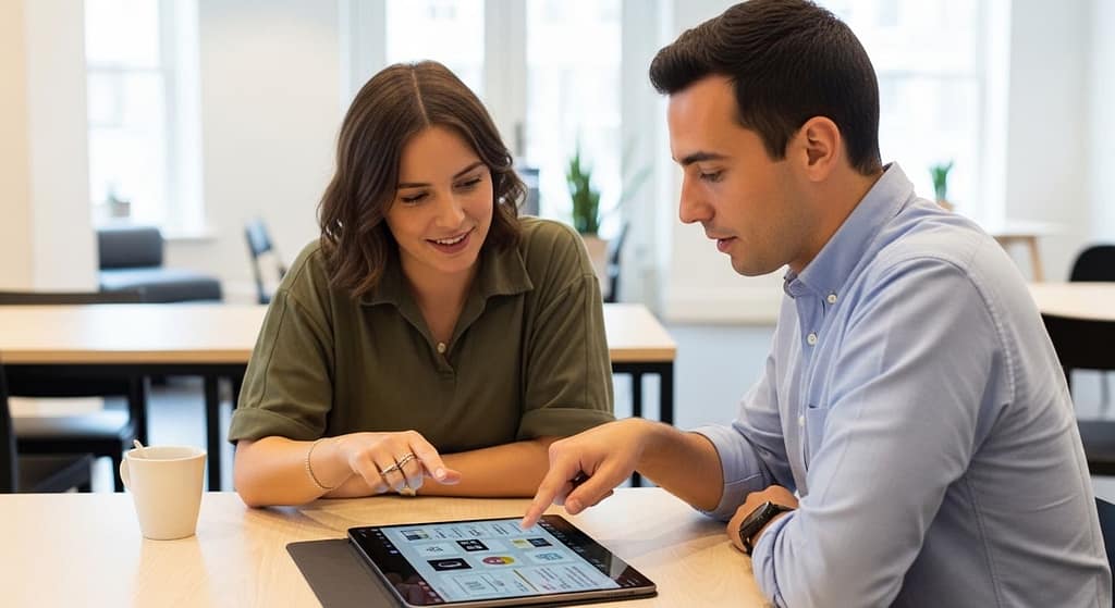 Two founders reviewing printed mockups or a tablet together while walking through a co-working space
