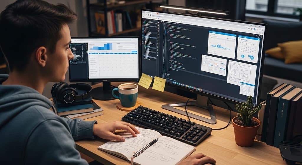 Young solo founder working on a laptop at a cozy home workspace