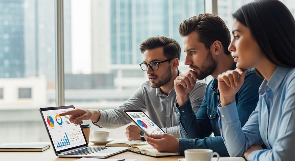 Small startup team reviewing performance metrics together on a laptop