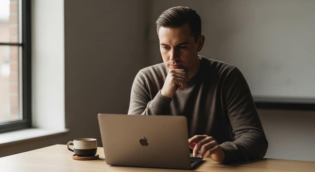 Startup founder working intently on laptop in quiet home office