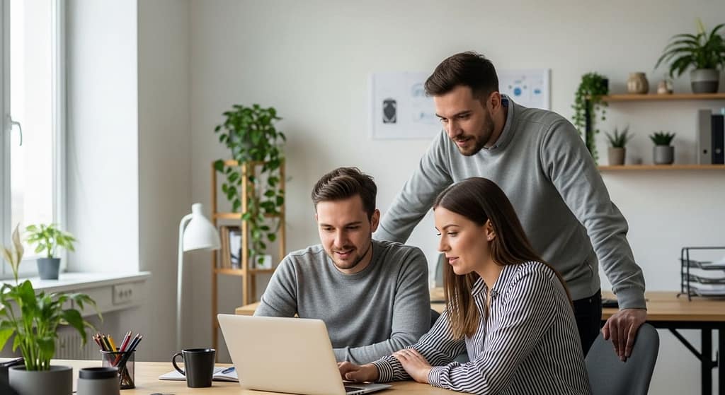 Small startup team collaborating around a laptop in a modern workspace