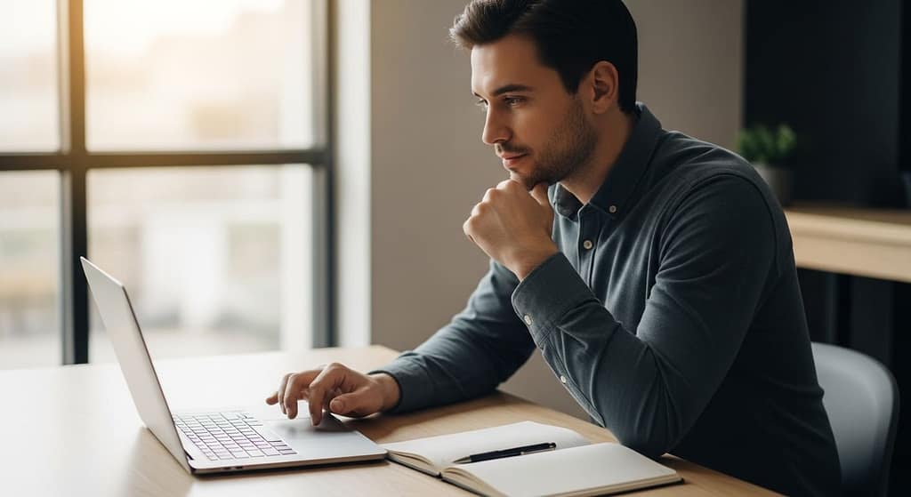 Solo SaaS founder thinking and planning product strategy at minimalist desk