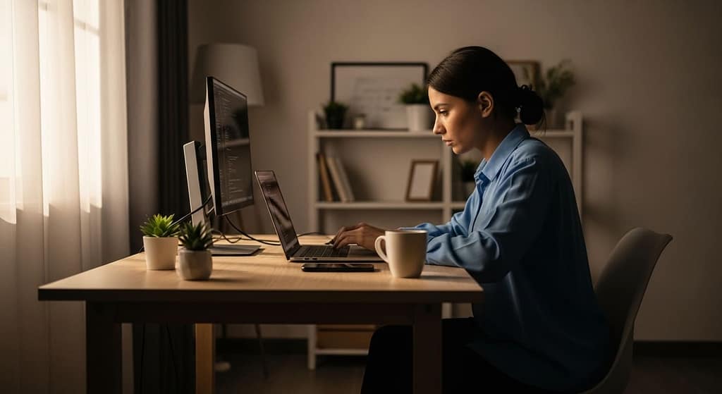 Solo founder working late on a laptop in a minimalist home office