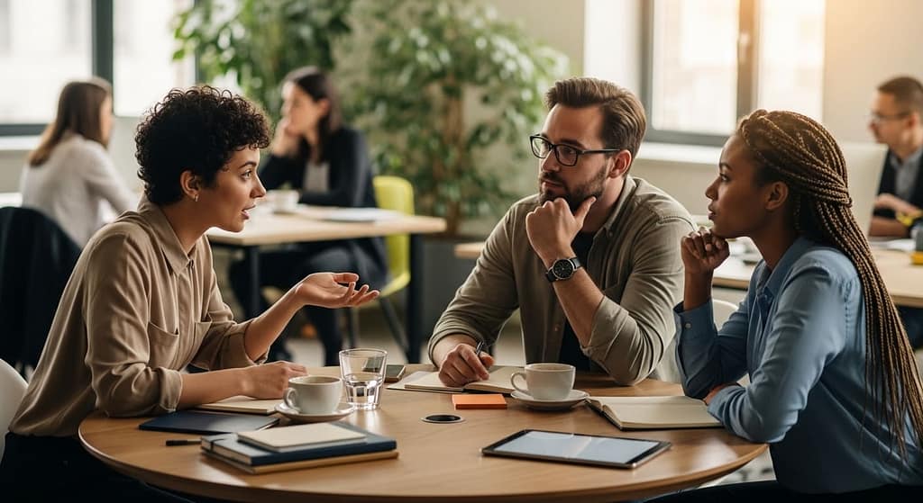 Small startup team discussing ideas together in collaborative workspace
