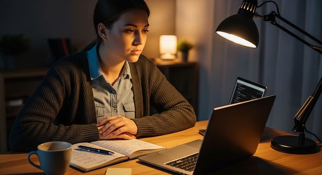 Solo founder working on a laptop at a cozy home workspace, deeply focused on their project