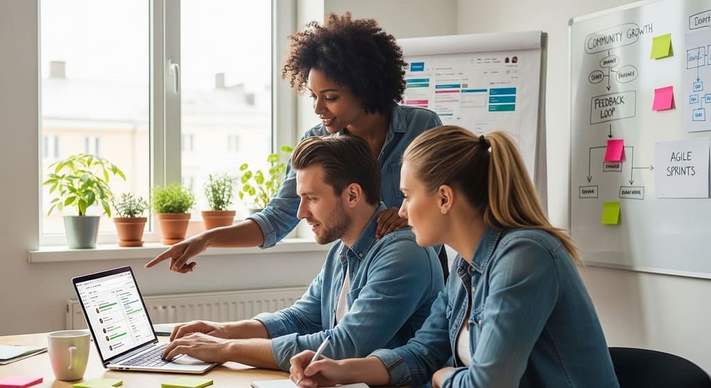 Small startup team gathered around a laptop, discussing ideas and reviewing feedback