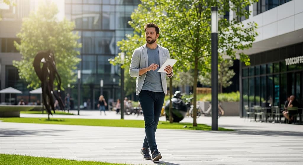 Entrepreneur walking outdoors while reviewing notes on a tablet, appearing thoughtful and proactive