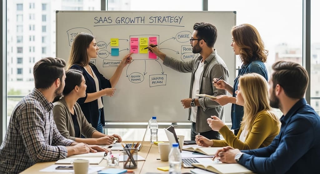 Group of people standing around a whiteboard or sticky notes, brainstorming and sharing ideas