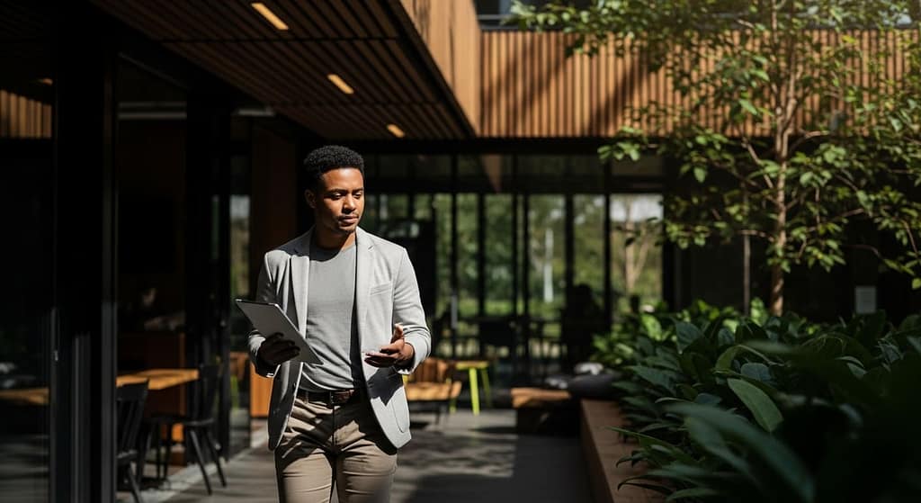 Founder walking outdoors while jotting ideas on a notebook or tablet, looking thoughtful