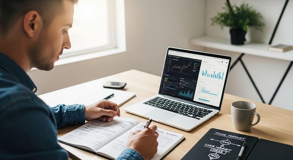 Indie SaaS founder planning niche marketing strategy on laptop with notes and analytics dashboard