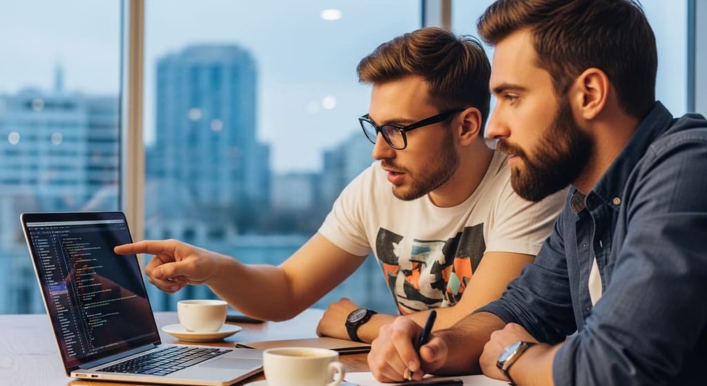 Developer showing a software project on a laptop to a startup founder during a planning discussion