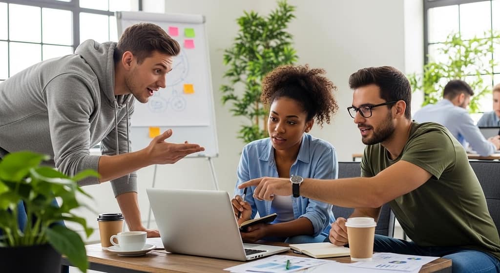 Startup founder explaining a product idea to two colleagues during a planning meeting