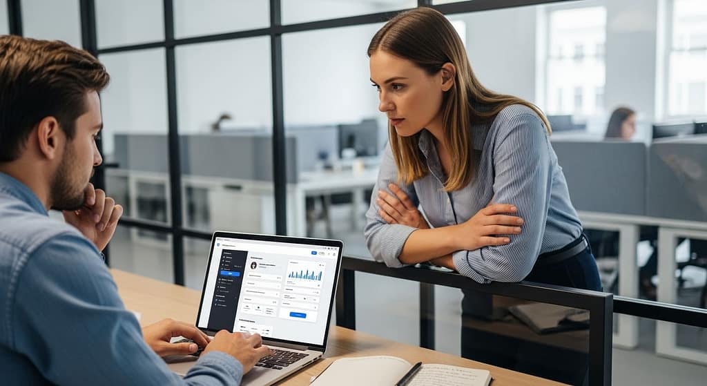 User testing a SaaS product on a laptop while another person observes.