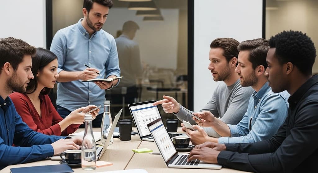 Group of users testing a mobile app while discussing their experience with a product designer