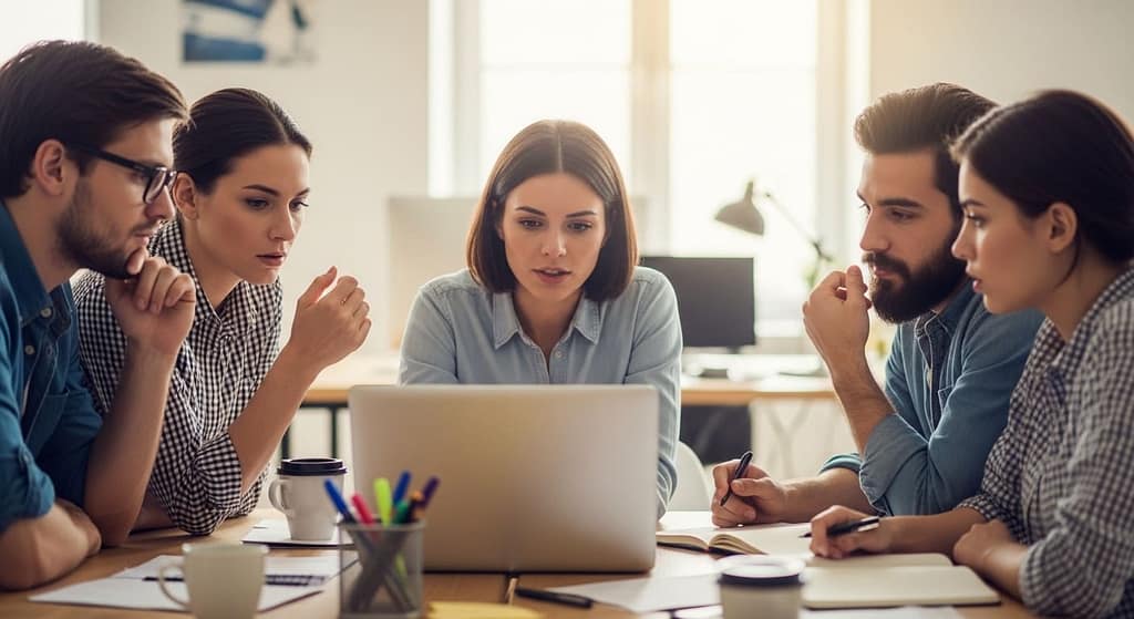 Startup founder discussing a product idea with a small team while pointing at a laptop screen