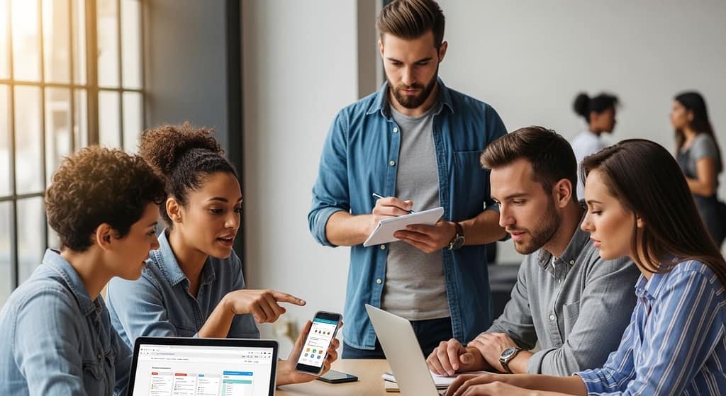 Entrepreneur observing users testing a new mobile app and discussing their experience