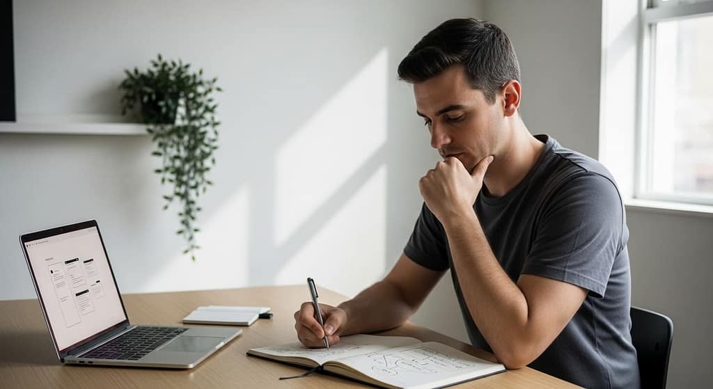 Small group reviewing a software product on a laptop and discussing improvements.