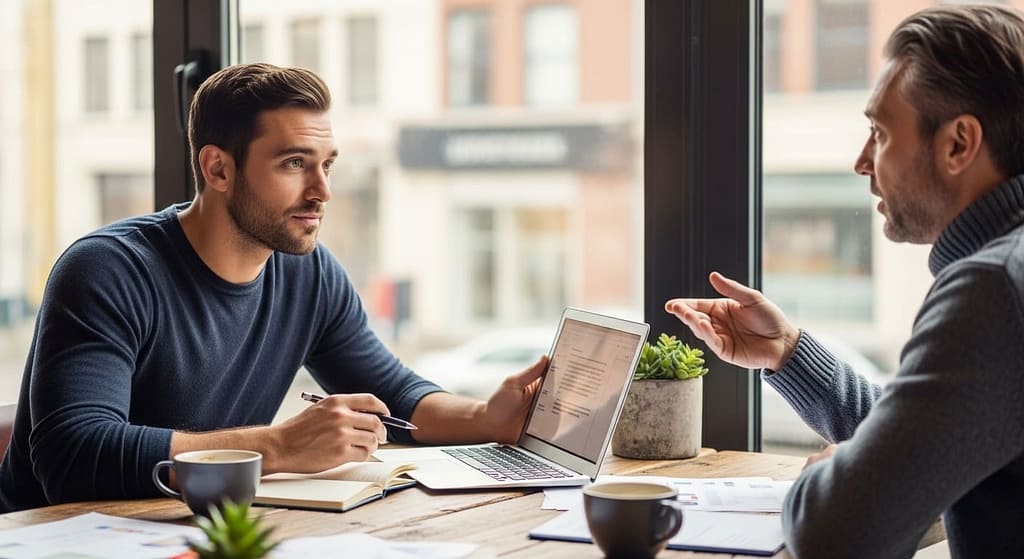 Startup founder interviewing a potential user while taking notes.