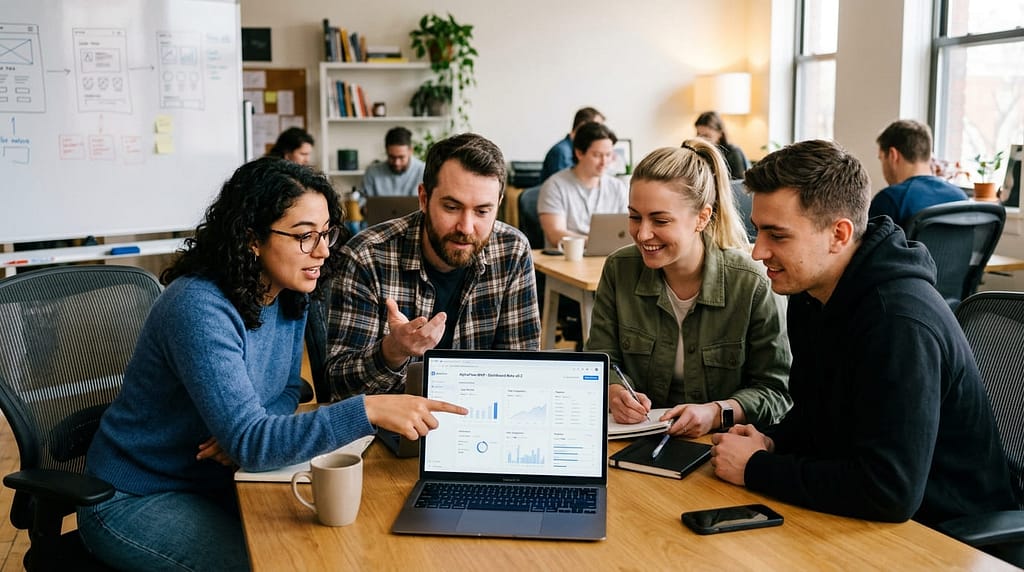 A founder sitting across from another person in a casual setting, listening attentively while taking notes on a notebook or laptop. The conversation appears thoughtful and collaborative, representing the process of validating a SaaS idea by speaking directly with potential users and understanding their real challenges.