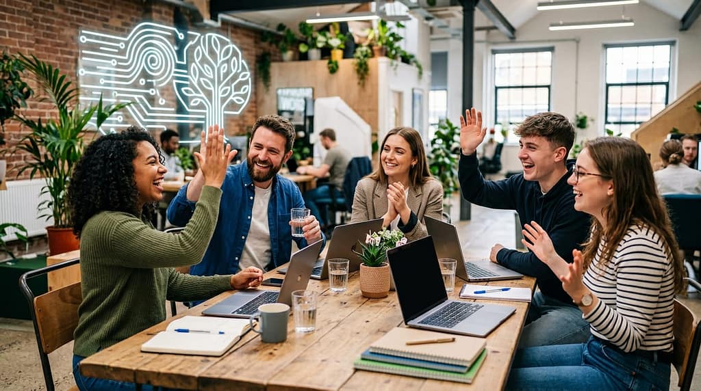 Startup team celebrating while launching a SaaS product on laptops in a modern office.