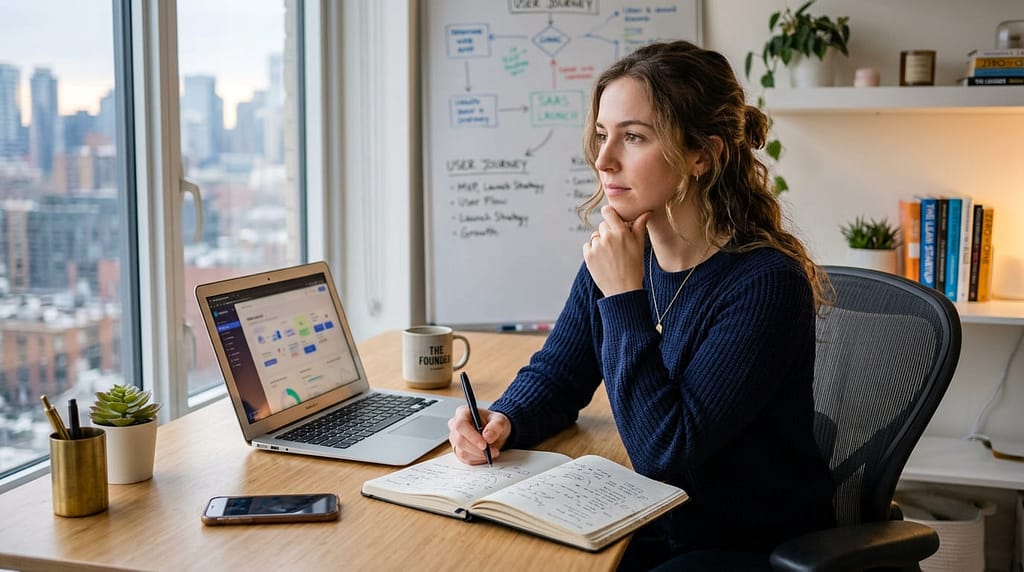 Entrepreneur working on a laptop while planning a startup idea in a bright workspace.
