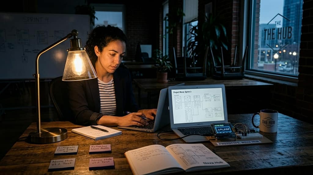 Solo founder working on an early SaaS MVP on a laptop