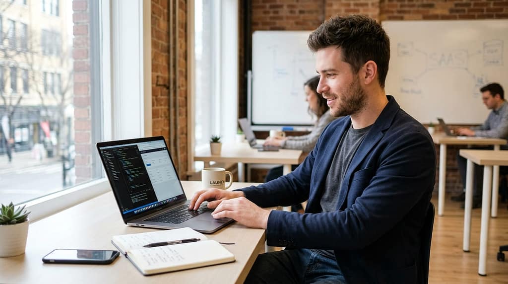 Entrepreneur working on a laptop while preparing to launch a digital product.