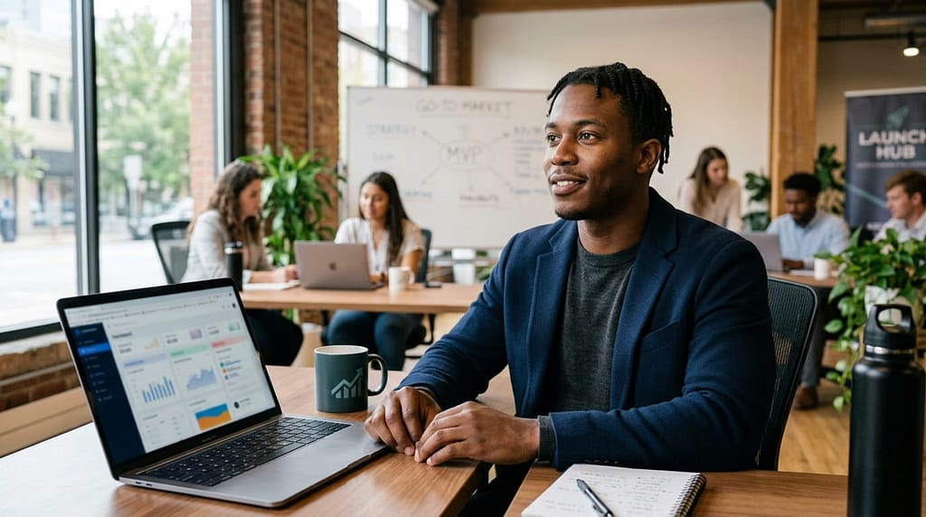 Entrepreneur working on a laptop while preparing to launch a digital software product.