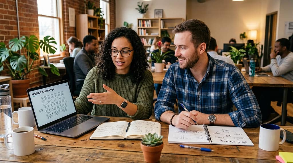 Two startup founders discussing a SaaS product idea while looking at a laptop.