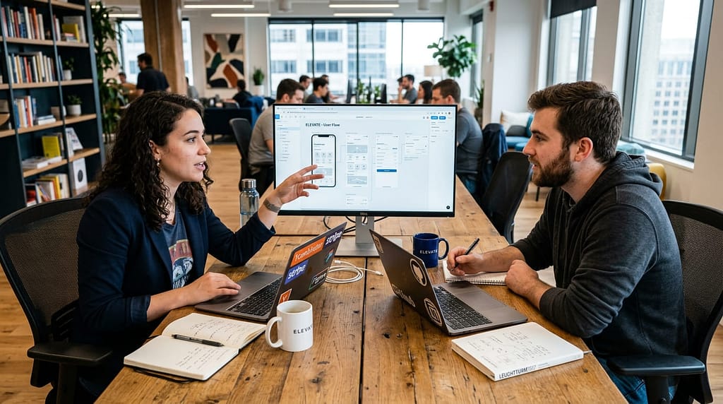 Two entrepreneurs discussing a startup idea while reviewing notes and a laptop.