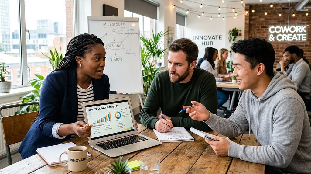 Small startup team collaborating around a laptop while discussing business growth.
