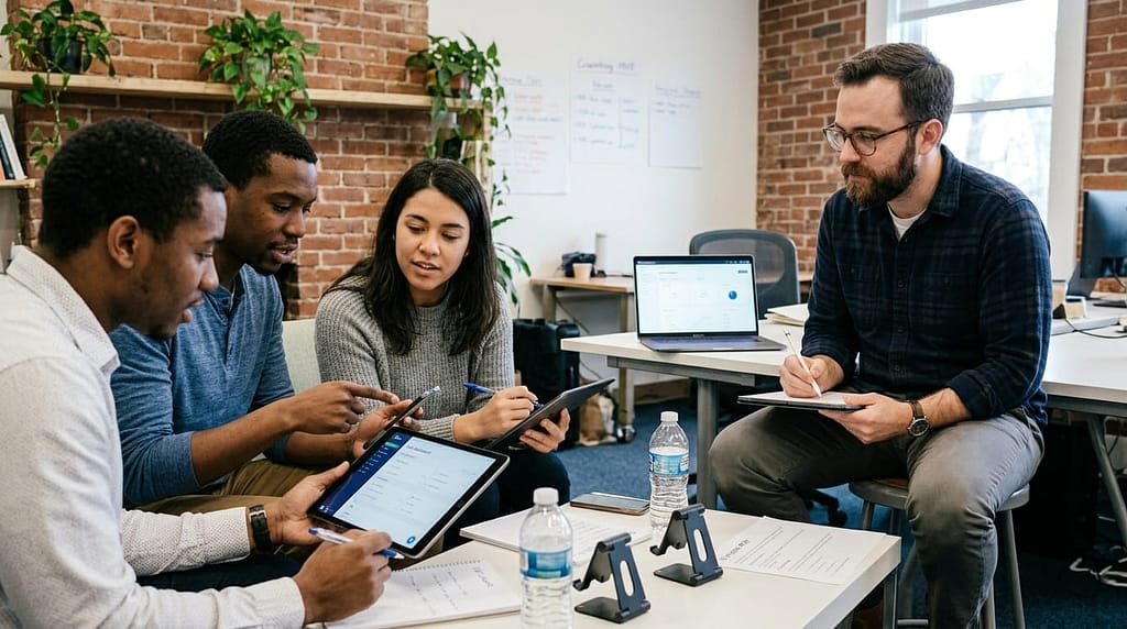 Entrepreneur observing users testing a mobile app and sharing feedback during a product testing session