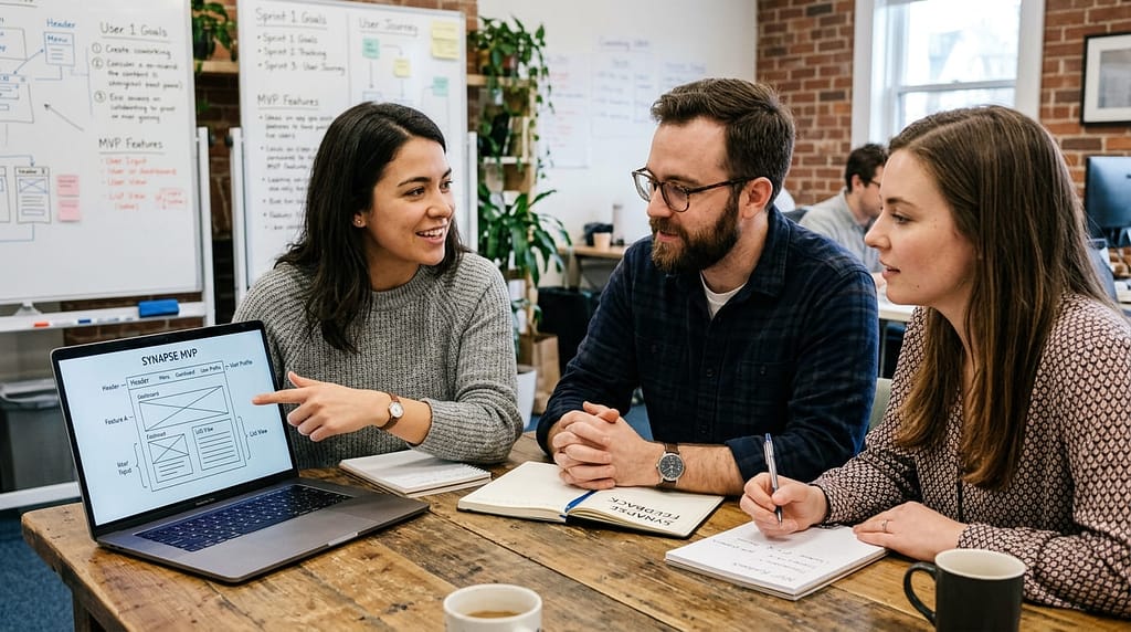 Startup founder discussing a simple product prototype with two teammates in a small office
