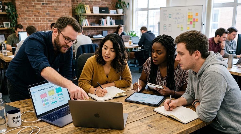 Startup team discussing a software prototype while reviewing ideas on a laptop.
