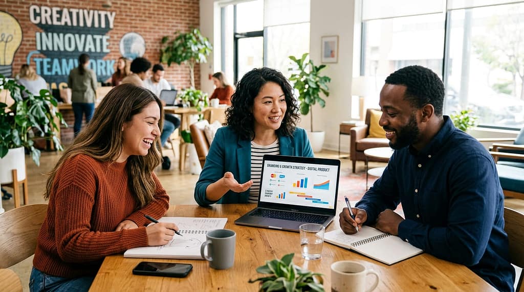 Small startup team collaborating around a laptop while discussing business strategy.